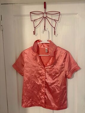 Satin Short Sleeve Button-Up Top in Coral Pink top and shorts